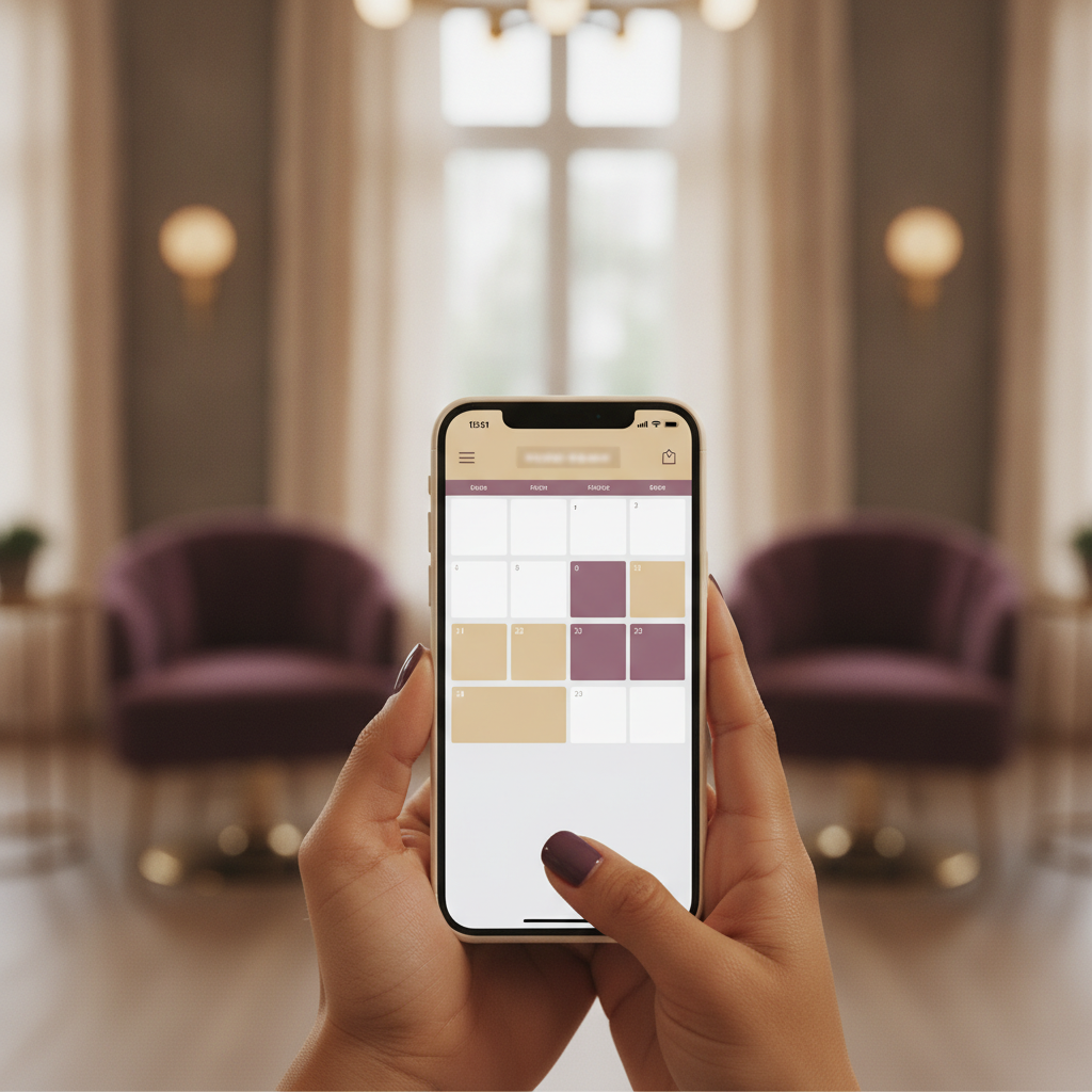 Hands holding a phone with a salon booking calendar